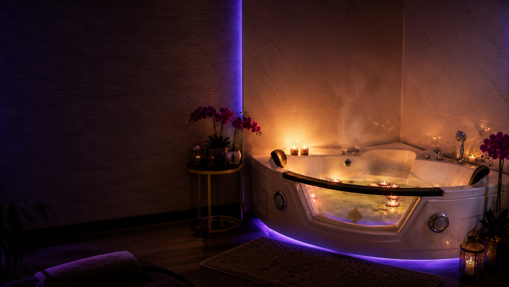 Luxury jacuzzi suite with warm candlelight and purple ambient glow at Luxe Grand Spa Dubai